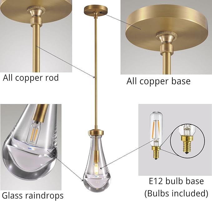 Modern Raindrop Pendant Lights, Pendant Lights for Kitchen Island, Brass Rod Dining Room Light Fixture, Clear Solid Raindrop Chandelier, Chandelier for Living Room Hallway, Including Bulb