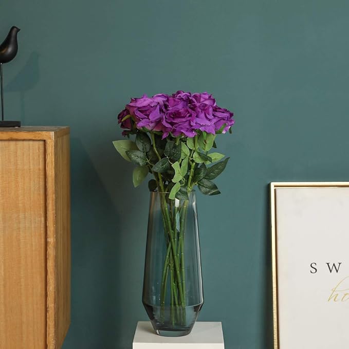 Purple Fake Roses Artificial Flowers - 16 Pcs Fake Artificial Roses Silk Flowers with Stems for Home Wedding Hotel Office Centerpiece Decor-Ruum Studio Home