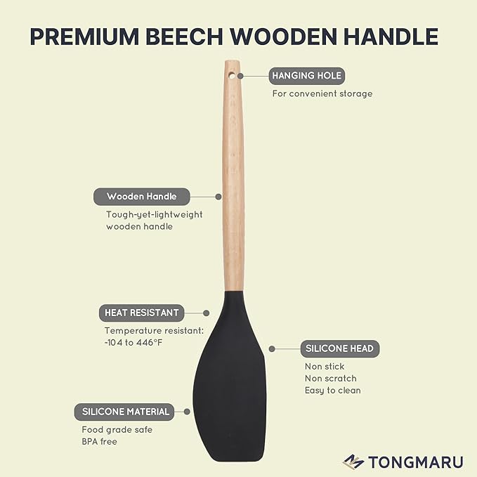 Silicone Cooking Utensils Set, Premium Beech Wood Handle Kitchen Gadgets Utensil Set, Non-Stick Kitchen Utensils Spatula, Tongs, Turner, Whisk, Brush, Spoon, BPA FREE, 446°F Resistant (Black)-Ruum Studio Home