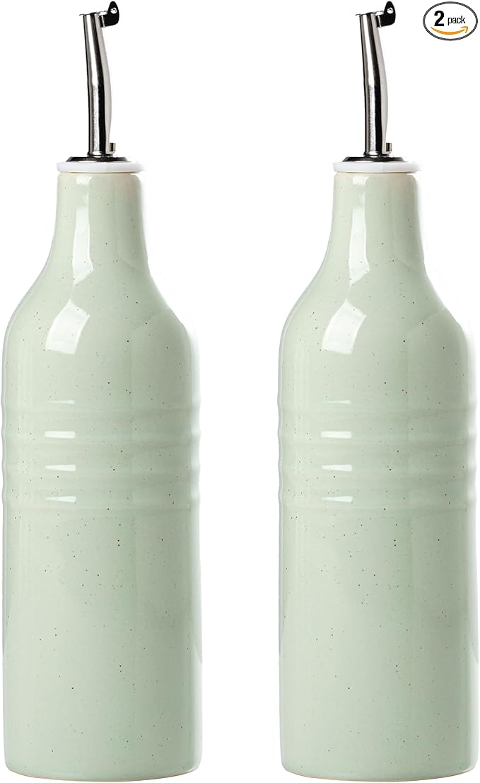 famiware Jupiter 16oz Ceramic Olive Oil Dispenser Bottle, Olive Oil and Vinegar Dispenser Bottle Set of 2 with Stainless Steel Pourers, Suitable for Storage Vinegar, Liquids, Light Green-Ruum Studio Home