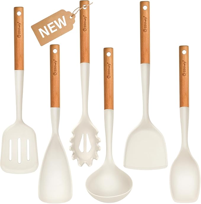 Silicone Cooking Utensils Set, 6 Pack Large Kitchen Utensils Set with Wooden Handle, Heat Resistant Silicone Utensil Spatula Set for Nonstick Cookware, Spatula, Turner, Spoon, Ladle BPA Free (White)-Ruum Studio Home