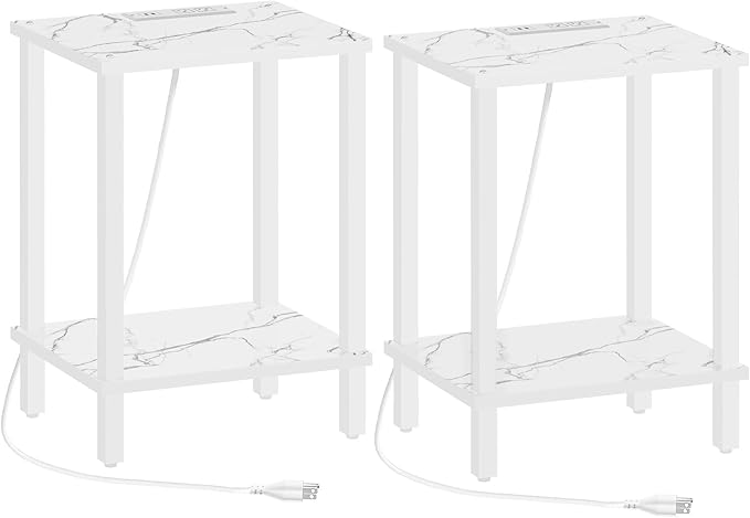 TUTOTAK End Table with Charging Station, Set of 2, Small Side Table, Nightstand Bedside Table, 2-Tier Storage Shelf for Small Space, Living Room, Bedroom, Marble White TB01BMW041-Ruum Studio Home