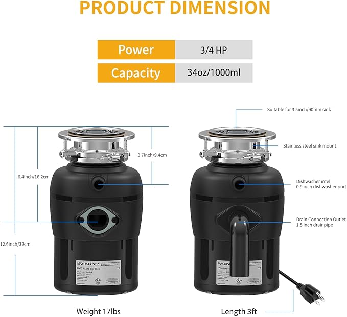 Garbage Disposal 3/4 HP for Kitchen sink Quiet with Stopper Power Cord, Easy install, Continuous Feed Food Waste Disposer Stainless Steel Grind 0.75 Horsepower AC Motor Unit (MAX-4)-Ruum Studio Home