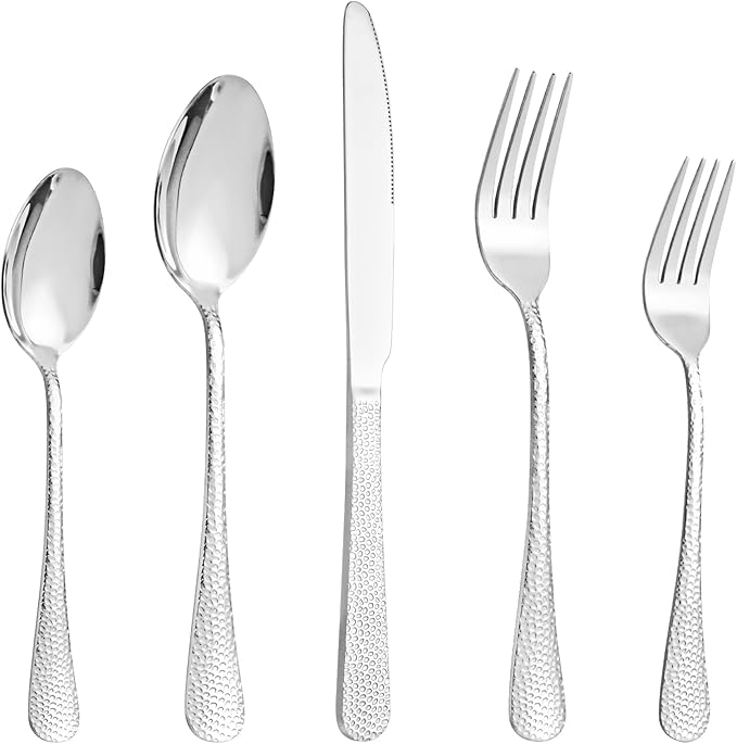 20 Pcs Silverware Set for 4 with Hammered Design, Food Grade Stainless Steel Flatware Set, Eating Utensils Sets Include Fork/Knife/Spoon, Reusable Cutlery Set, Dishwasher Safe-Ruum Studio Home