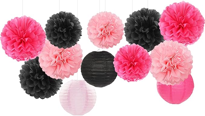 Hot-Pink Black Party-Decorations Paper Flowers Lanterns - 15PCS Graduation Birthday Tissue Pom Poms Streamers,Baby Girl Women Bachelorette Hanging Supplies Decor Hugfond-Ruum Studio Home