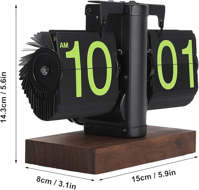 Flip Desk Clock, Retro Vintage Flip Desk Table Clock, Digital Sided Large Numbers Mechanical Flip Clock Wood Base for Living Room, Study Room and Office(Frosted Black)