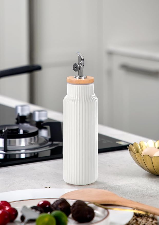 Nucookery Ceramic Olive Oil Dispenser Bottle for Kitchen, 14 oz Opaque Vinegar Dispenser Bottle, Large Capacity Cooking Oil Container for Storage Vinegar, Soy Sauce, Coffee Syrup, White-Ruum Studio Home