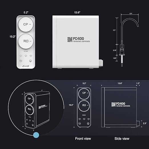 Frizzlife Reverse Osmosis System - Tankless 400 GPD Drinking Water Filtration System, Quick Twist Under Sink RO Filter - 1.5 : 1 Pure to Drain - Reduce TDS, Compact Footprint, USA Tech Support, PD400-Ruum Studio Home
