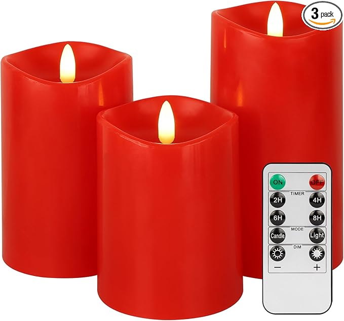 Red Flameless Candles with Remote, Flickering Battery Operated Candles with Timer, Real Wax LED Pillar Fake Candles for Christmas Party Home Decor, Set of 3