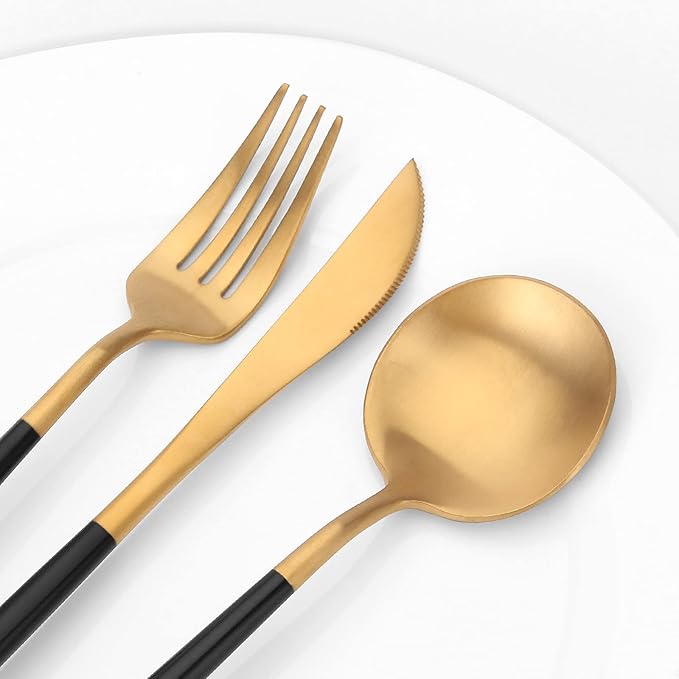 Matte Gold Silverware Set with black handle, Vanys 20 Piece Stainless Steel Cutlery Flatware Set, Kitchen Utensil Sets for 4, Tableware With Knife Spoons And Forks Set, Satin Finished Polished-Ruum Studio Home