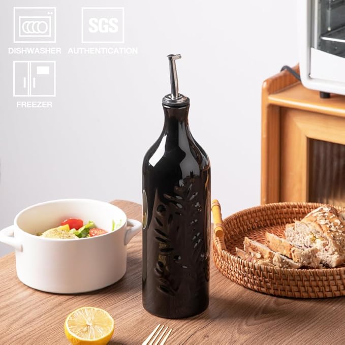 Sweejar Large Olive Oil Dispenser Bottle with Spout, 24 Oz Ceramic Oil Dispenser for Kitchen, Relief Opaque Oil Cruet, Oil Container for Cooking, EVOO, Avocado Oil, Vinegar, Pack of 1(Black)-Ruum Studio Home