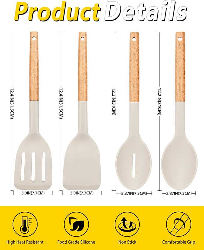Pack of 4 Silicone Cooking Utensils Set, Non Stick Solid Spatulas and Heat Resistant Slotted Spoons with Wooden Handle, Ideal Wood Kitchen Utensils Set for Frying,Serving,Turning,Stirring (KHAKI)-Ruum Studio Home
