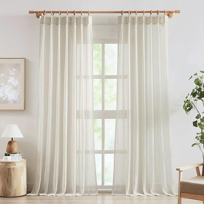 FMFUNCTEX Linen Sheer Pinch Pleated Curtains for Living Room, Linen Flax Beige 84 Inches Long Sheer Curtain See Through Panels for Bedroom, Natural Window Drapes for Farmhouse, Rod Pocket 2 Panels-Ruum Studio Home