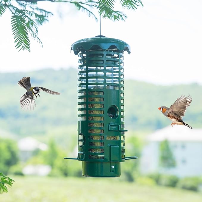 Squirrel Proof Bird Feeder Metal Mesh for Outdoors Hanging,Weight Activated Weatherproof Wild Bird Feeders with Finch Cardinal Chickadee,Large Capacity(Green)-Ruum Studio Home