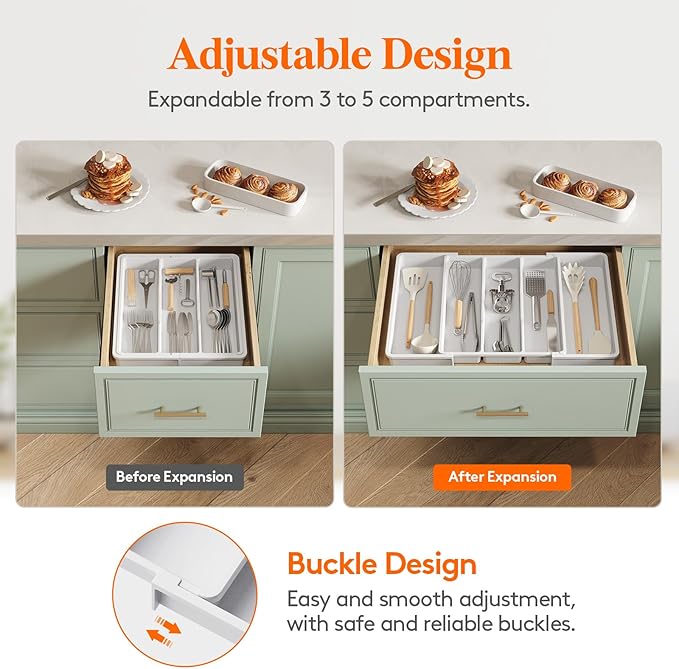 Lifewit Utensil Organizer for Kitchen Drawers, Expandable from 13‘’ to 22.4'', 15'' Depth, Plastic Cutlery Silverware Flatware Holder, Spatula Tools and Gadgets Storage, Large, White-Ruum Studio Home