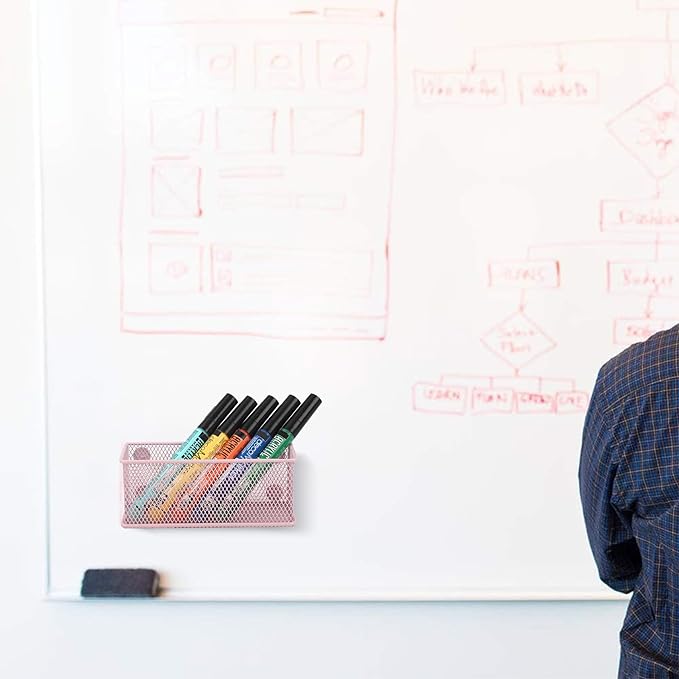 EASEPRES Magnetic Pencil Holder Set of 6 - Wire Mesh Storage Baskets Organizer with Strong Magnets - Perfect for Whiteboard, Refrigerator and Locker Accessories, Pink-Ruum Studio Home