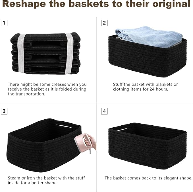 3 Pack Small Storage Baskets for Organizing, Cute Woven Decorative Gift Baskets for Shelves, Mini Closet Organizer Bins with Handles, 11.81''Lx7.87''Wx4.72''H-Black-Ruum Studio Home
