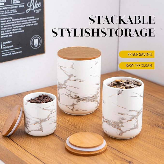 White Ceramic Canister Set with Wooden Lid, 3-Piece Food Storage Jars for Kitchen Counter, Storage Container for Sugar, Coffee, Tea, Spice-Ruum Studio Home