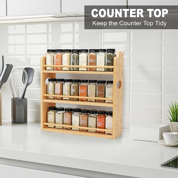 3 Tier Bamboo Spice Rack, Spice Rack Organizer, Seasoning Jars Rack Shelf Spice Organizer for Kitchen Counter or Wall Mounting, Bamboo Spice Storage Holder with handles Easy to Move-Ruum Studio Home