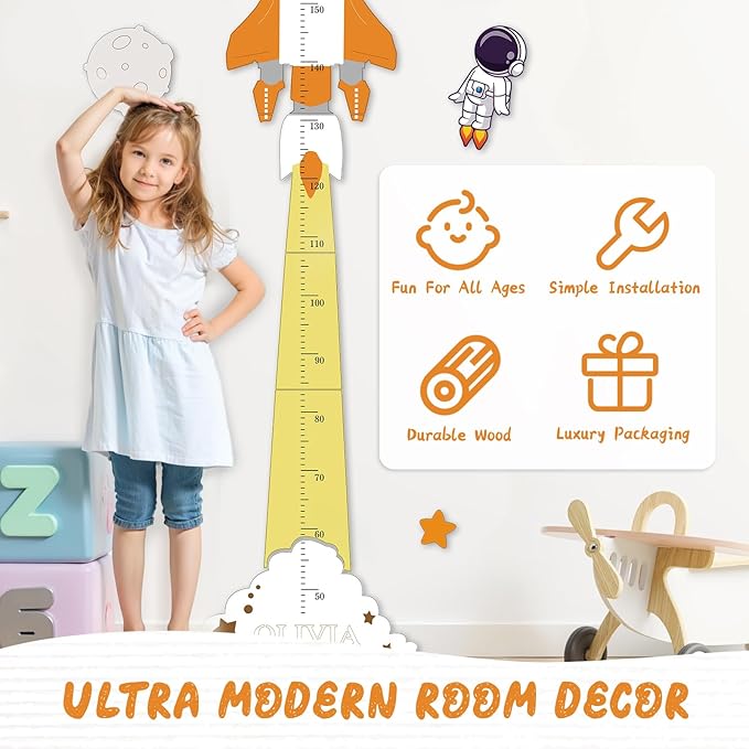 Personalized Name Height Chart for Kids, Cute Rocket Wooden Growth Chart for Kids, Wall Height Chart for Children, Cute Wall Ruler for Kids, Track Height Measurement, Easy to Install-Ruum Studio Home