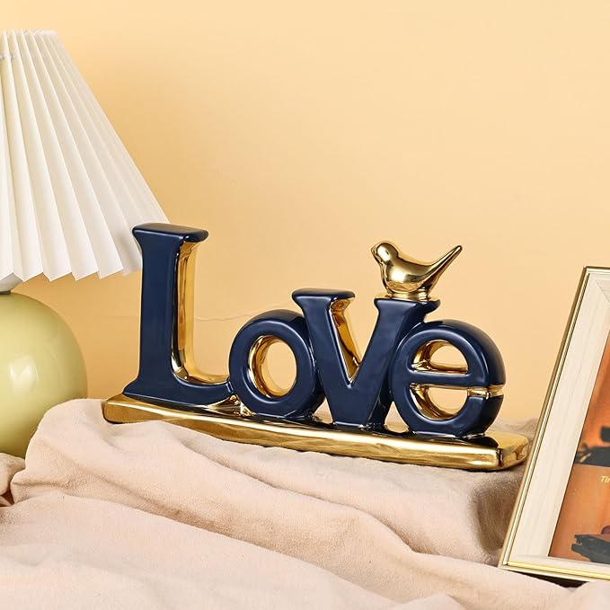 Love Sign Decoration,Blue and Gold Love Signs for Home Decor Statue,Modern Bird Sculpture Personalized Love Decor,Gold Style Figurine Decorative Ornaments for Living Room,Bedroom,Desktop,Cabinets-Ruum Studio Home