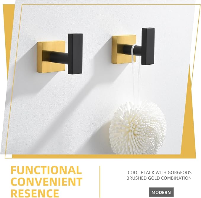 Angle Simple Bathroom Towel Hook 2 Pack, SUS 304 Stainless Steel Bath Robe Coat Holder Wall Mounted, Black & Gold-Ruum Studio Home