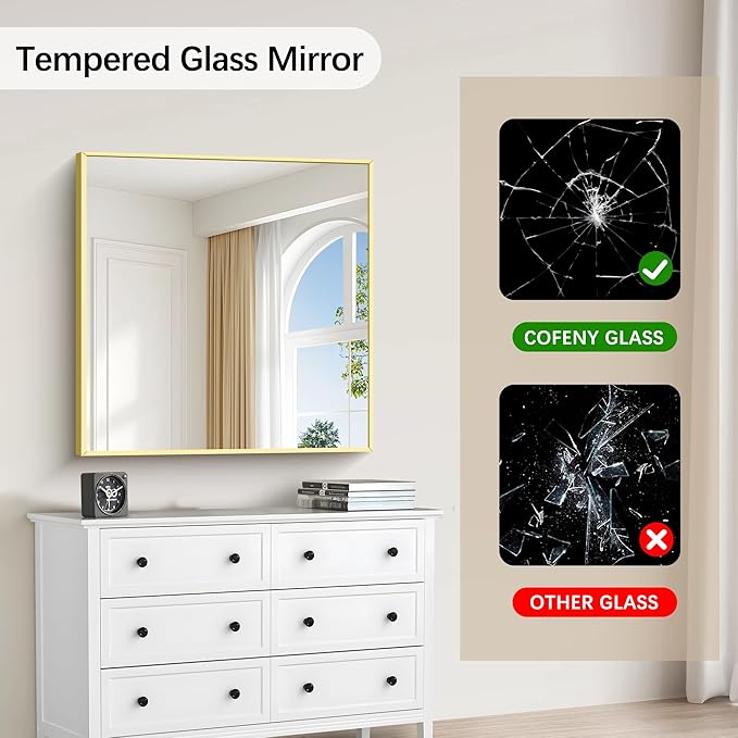 Gold Bathroom Mirror for Wall, 30x30 Inch Rectangle Mirrors with Metal Frame, Modern Vanity Wall Mirror Decor for Bathroom Living Room, Entryway Hangs Horizontal or Vertical-Ruum Studio Home