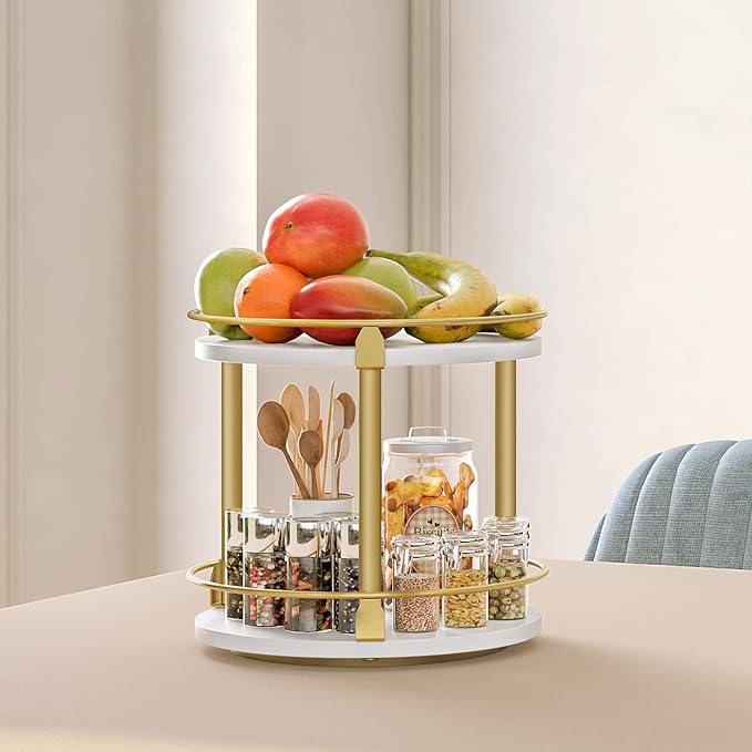 Lazy Susan Organizer, Rotating Spice Rack, 2 Tier Spice Turntable Organizer, Industrial Turntable Spice Holder, for Kitchen Countertop and Cabinet, Compact and Versatile, White and Gold SR22DW-Ruum Studio Home