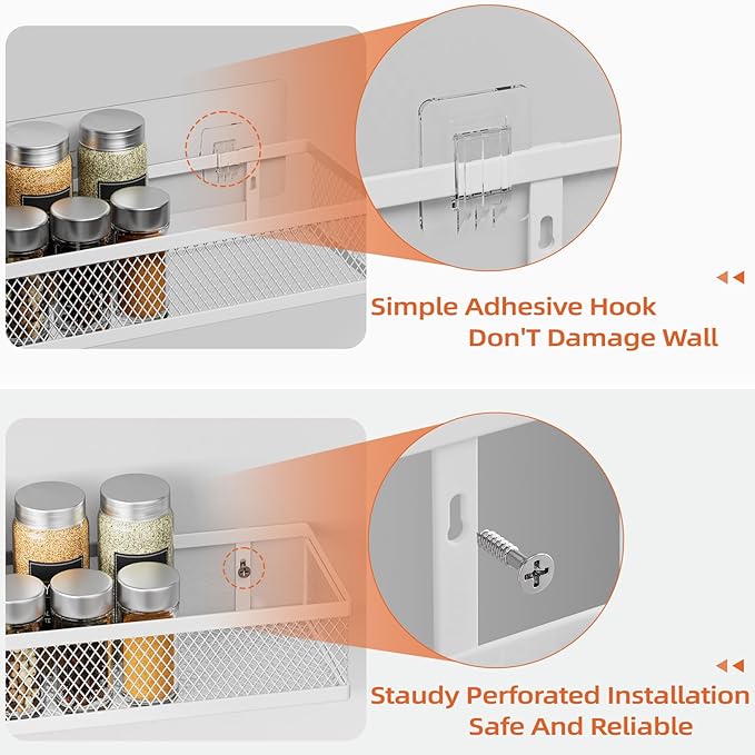 Spice Rack Wall Mount, 4 Pack Wall Spice Rack & Hanging Storage Baskets Organizer Wall Mount, Large Capacity Metal Spice Shelf for Kitchen Cabinet, Pantry Doors, Bathroom, Shower, Home Decor-Ruum Studio Home