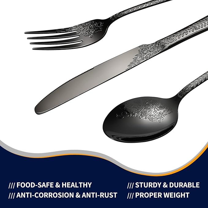 Floral 40 Pcs Black Silverware Set for 8, Food Grade Stainless Steel Flatware Set with Rose Flower Embossed Design, Eating Utensils Sets Include Fork/Knife/Spoon, Reusable Cutlery Set, Dishwasher Safe-Ruum Studio Home