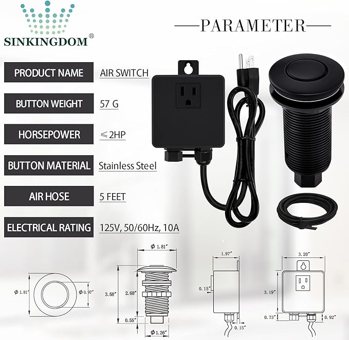 Garbage Disposal SinkTop Air Switch Kit with Long Button,Brass Made Cover,UL,Matte Black-Ruum Studio Home