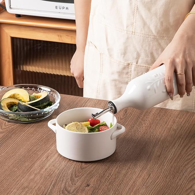 Sweejar Large Olive Oil Dispenser Bottle with Spout, 24 Oz Ceramic Oil Dispenser for Kitchen, Relief Opaque Oil Cruet, Oil Container for Cooking, EVOO, Avocado Oil, Vinegar, Pack of 1 (White)-Ruum Studio Home