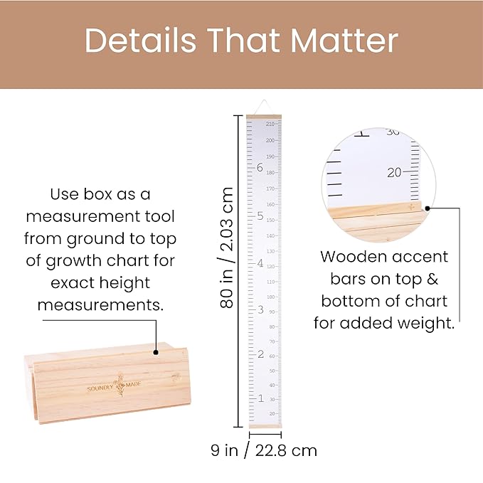 Growth Chart for Wall | Kids Height Chart Canvas Ruler with Wooden Storage Box | Waterproof Measuring Chart | Nursery Decor & Baby Shower Gift-Ruum Studio Home
