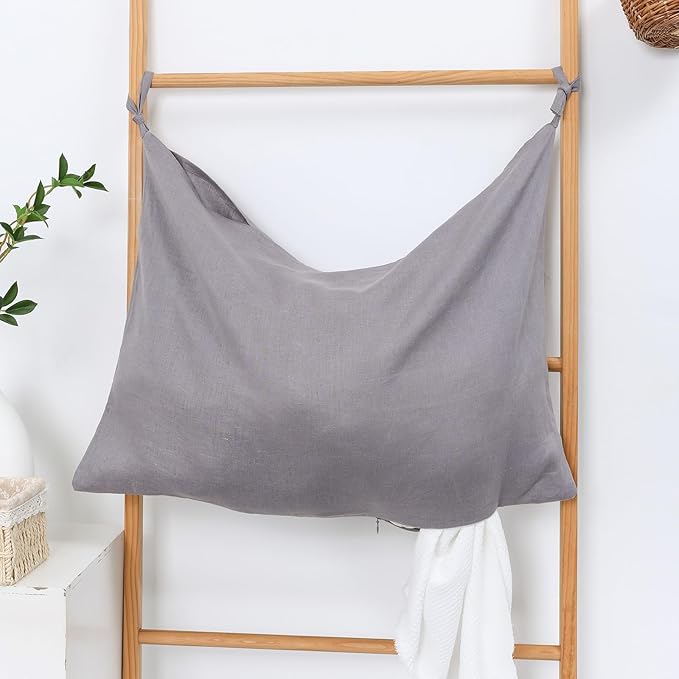 Hanging Linen Laundry Bag, 100% Pure Flax Linen Over The Door Hamper with Bottom Zipper for Laundry Room, Household Dirty Cloth Storage Organizer Bag, Gray-Ruum Studio Home