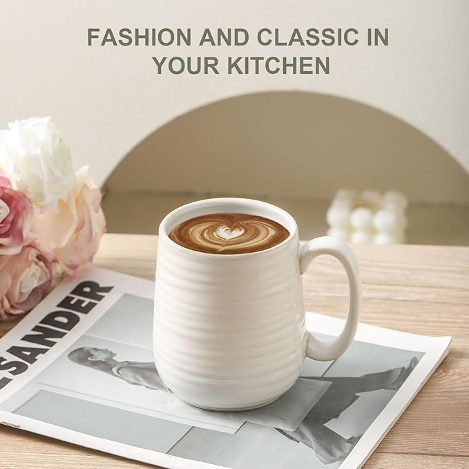 Hasense Coffee Mugs, 12 Ounce Ceramic Coffee Cups Set of 4, Latte Mug with Handle for Milk, Cocoa, Cappuccino, Tea Cup for Wedding Gift, Dishwasher Microwave Safe, Clay-Infused White-Ruum Studio Home