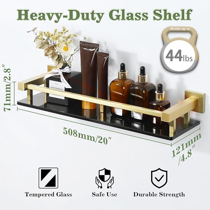 Alise Bathroom Glass Shelf with Stainless Steel Railing, Gold Small Tempered Glass Floating Wall Shelf Over The Toilet, 16 inch-Ruum Studio Home