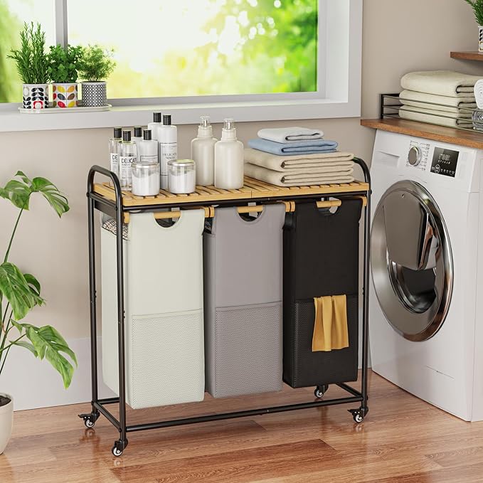 Laundry Hampers 3 Section, Laundry Sorter with Removable Shelf and Pull-Out Bags, Clothes Hampers with Wheels Rolling Cart Basket for Laundry Room Bathroom, 3 x 40 L (Black White Gray)-Ruum Studio Home