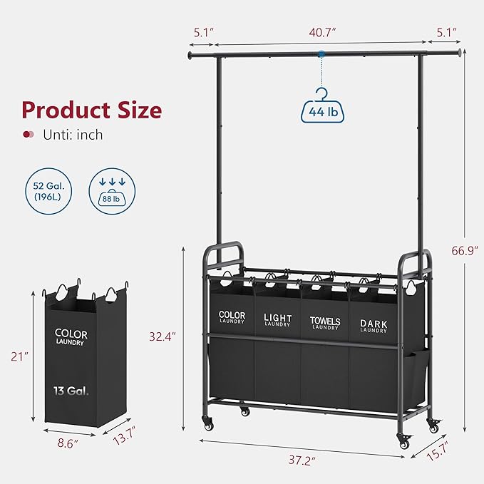 Tajsoon Laundry Sorter Cart with Hanging Clothes Rack, 4 Butler Sorter Basket Organizer, Laundry Hamper Cart with Heavy Duty Rolling Lockable Wheels, Black-Ruum Studio Home