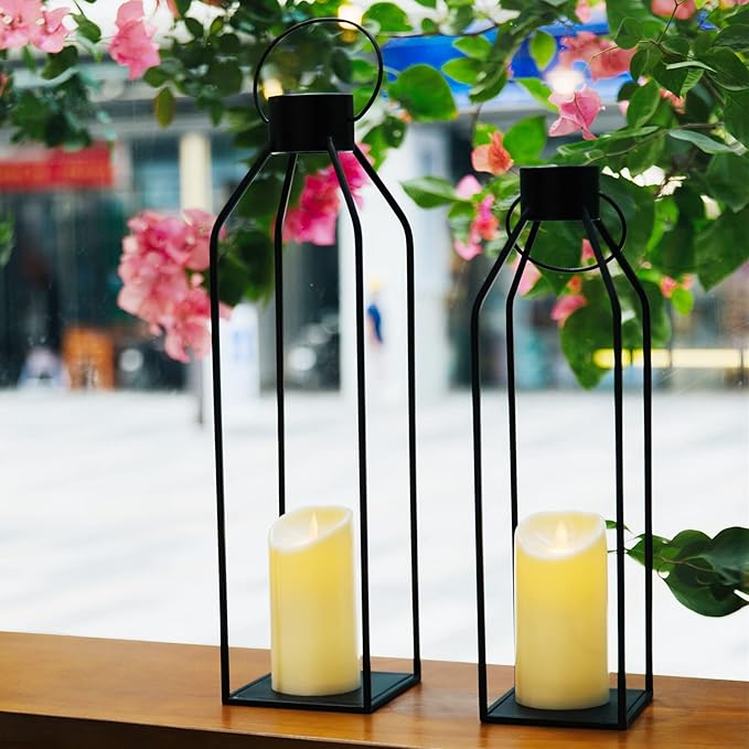 HPC Decor 22'' 19'' Lanterns Decorative w/ Flickering Timer Candles- Large Tall Black Metal Candle Lanterns Set of 2- Modern Farmhouse Decor for Indoor,Outdoor,Tabletop,Porch (No Glass)-Ruum Studio Home