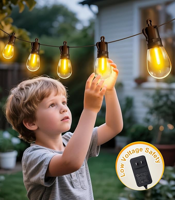Outdoor-String-Lights-Patio-LED-Light-Outside 50Ft 15M Waterproof Remote Dimmable S14 LED Porch Lighting with 15 Edison Plastic Bulb Hanging Lights Connectable for Backyard Yard Gazebo Party Garden