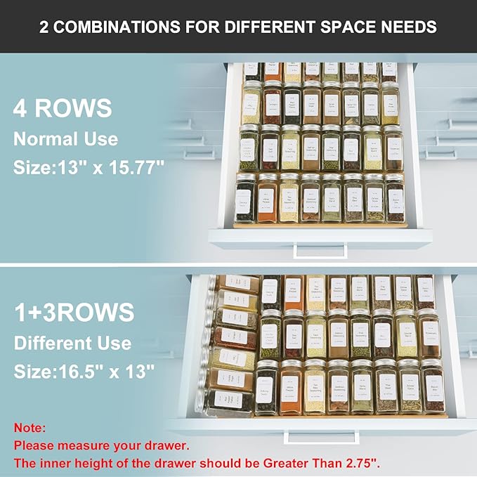 Spice Drawer Organizer with 24 Spice Jars and 216 Labels,Non-slip Rubber, Bamboo 4 Tier Spice Racks Tray Seasoning Containers for Kitchen Drawers,Cabinets,Countertops,13" Wide * 15.8" Deep-Ruum Studio Home