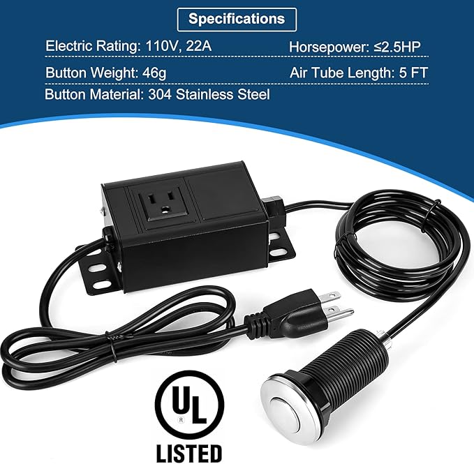 Air Switch Kit for Garbage Disposal, UL Listed Sink Top Air Switch for Food Waste Disposal, 3.58” Extra Long Air Button (Brushed Stainless Steel)-Ruum Studio Home