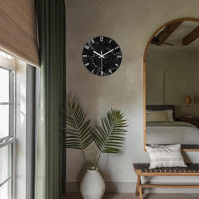Marble Minimalist Wall Clock for Living Room Black Wall Clocks Battery Operated 20 Inch Big Glass Wall Clock Non Ticking