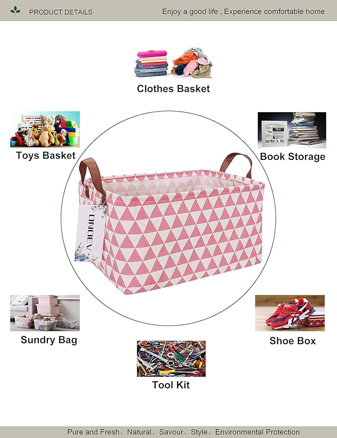 Rectangular Fabric Storage Box, Decorative Basket and Finishing Basket with Handle are Used for The Storage of Clothes, Books and Sundries(Pink Triangle) 1-Ruum Studio Home