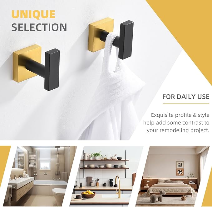 Angle Simple Bathroom Towel Hook 2 Pack, SUS 304 Stainless Steel Bath Robe Coat Holder Wall Mounted, Black & Gold-Ruum Studio Home
