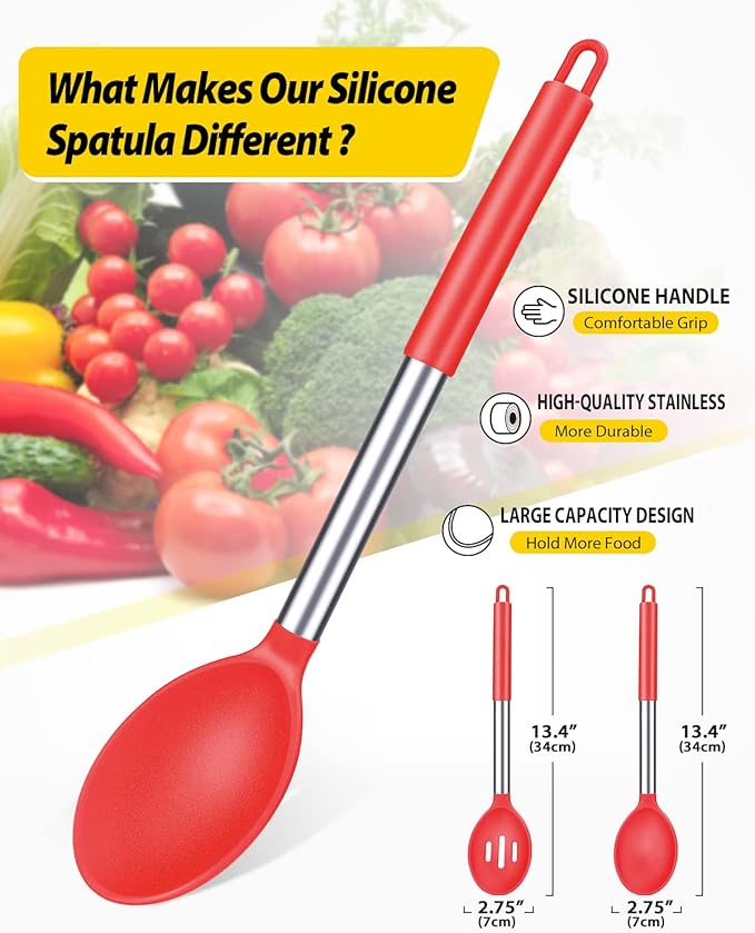 Pack of 2 Large Silicone Cooking Spoons,Non Stick Solid Basting Spoon,Heat-Resistant Kitchen Utensils for Mixing,Serving,Draining,Stirring (RED)-Ruum Studio Home