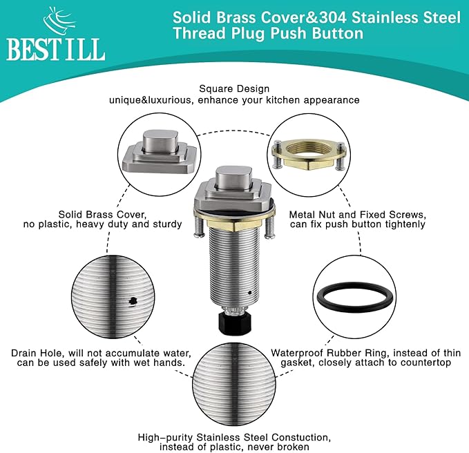 BESTILL Garbage Disposal Air Switch Kit, Square Raised Push Button Ideal for Long Nails, Cordless Sink Top Brass Switch for Food Waste Disposer, Brushed Nickel, Compatible with all Garbage Disposals-Ruum Studio Home