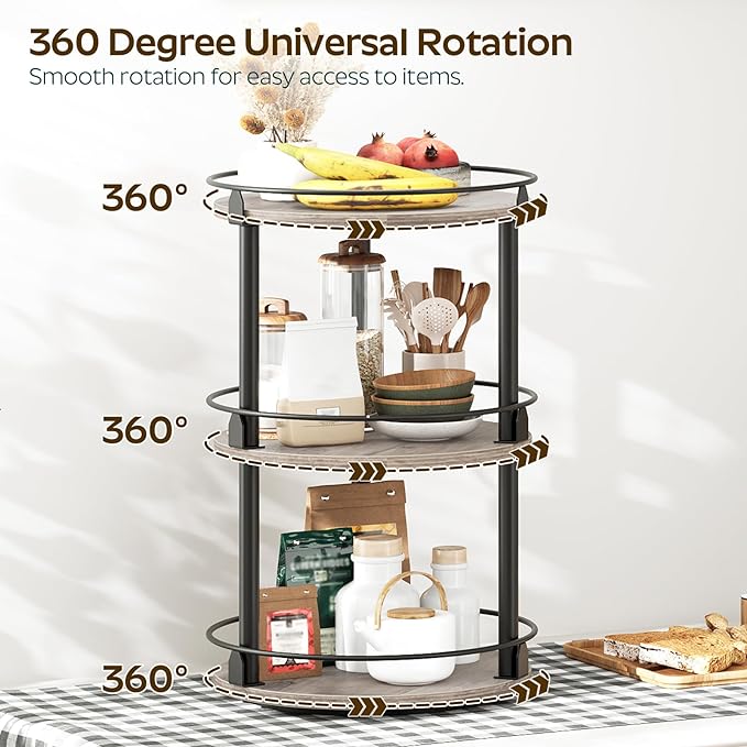3-Tier Lazy Susan Organizer, Rotating Spice Rack, Spinning Organizer, Industrial Turntable Spice Rack Organizer for Cabinet, Kitchen Countertop, Greige and Black SR23BG-Ruum Studio Home