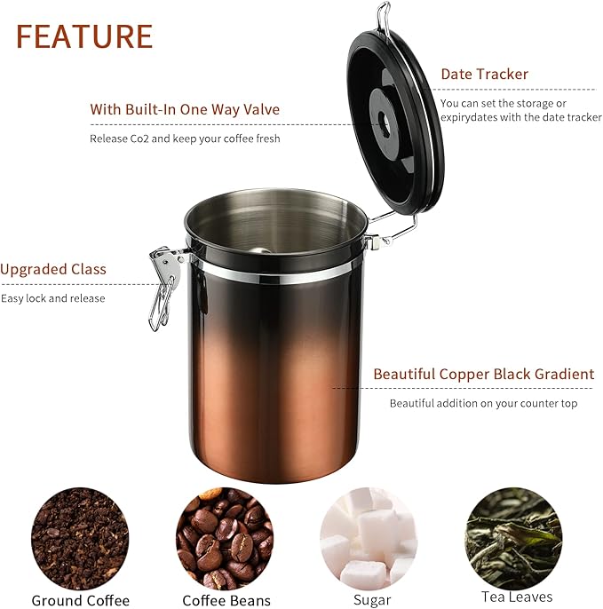 malmo Coffee Canister, Airtight Coffee Container with Date Tracker Lid, Stainless Steel Canister for Kitchen Food Storage (Black-Copper, 12oz)-Ruum Studio Home