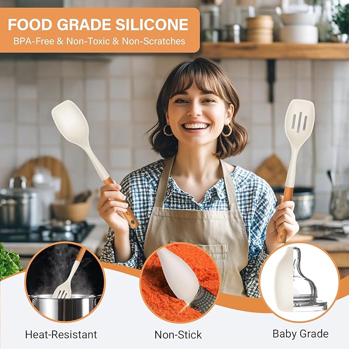 Large Silicone Cooking Spoon Set, 2 Pack Solid Slotted Spoon with Wooden Handle, Nonstick Silicone Kitchen Spoons for Cooking, Heat Resistan Spatula Set for Serving, Basting, Mixing (White)-Ruum Studio Home